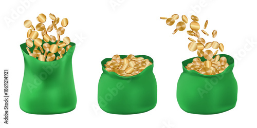 3d money bag full of coins, open sack with gold floating. Bank bill bonus, treasure investment. Million dollar cash casino prize, invest budget concept. Realistic reward bonus, finance value render