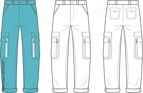 Cad drawing flat vector illustration, cargo pants back view, fashion mockup, pocket flap design template, garment construction layout