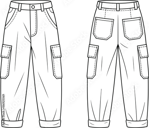 Cad drawing flat vector illustration, cargo pants design, utility trousers fashion sketch, garment
