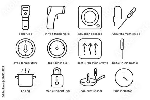 Oven gauge thermometer cooking precision heat sous induction icons vector icon timer