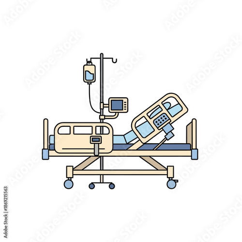 Hospital bed with IV drip and monitor - medical equipment illustration