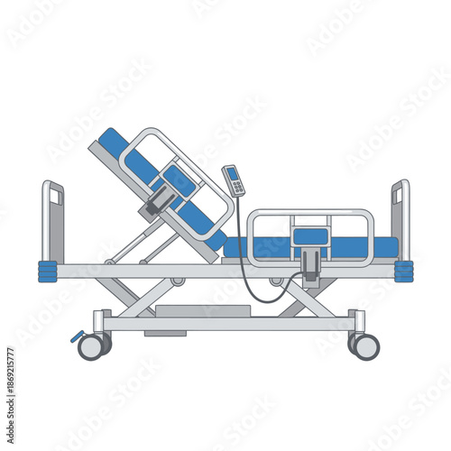 Adjustable Hospital Bed with Remote Control and Wheels, Medical Equipment Illustration
