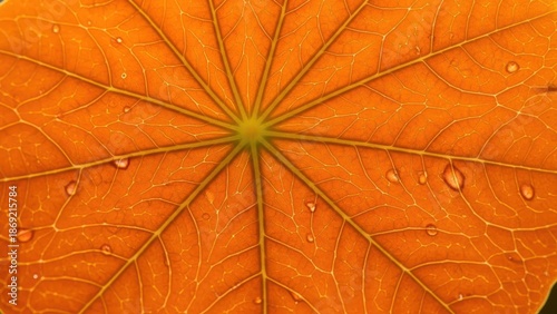 A vibrant orange leaf with water droplets against a blurred background.
