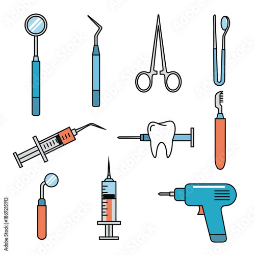 Dental Tools Vector Set: Instruments, Syringe, Tooth, Drill, Mirror, Scaler