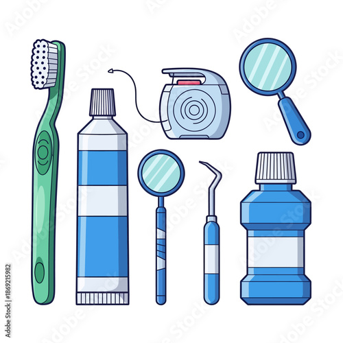 Dental Hygiene Tools: Toothbrush, Toothpaste, Floss, Mouthwash, Mirror, Scaler