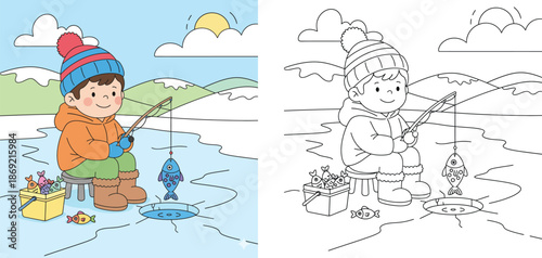 Cute Boy Ice Fishing in Winter Landscape Coloring Page and Colored Illustration for Kids Activity Book, Educational Vector Graphic for Children's Leisure and Outdoor Winter Hobby