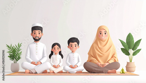 Family praying together on a mat with plants around them in a serene environment