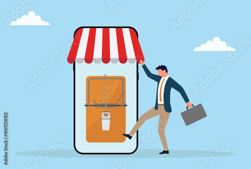 Vector illustration of a businessman stepping into an online business trap through mobile shop symbolizing digital fraud hidden risks online investment danger and misleading opportunities
