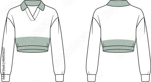 Cad drawing flat vector illustration, cropped pullover top fashion sketch, front and back view, garment design, apparel template