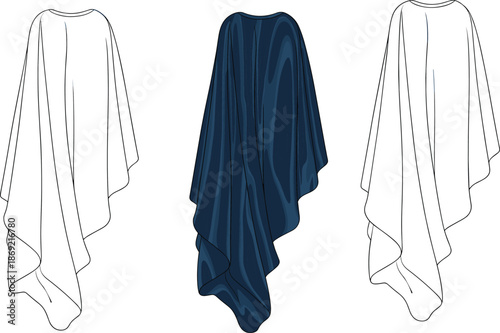 Cad drawing flat vector illustration, draped garment fashion sketch, cloak or poncho design, front