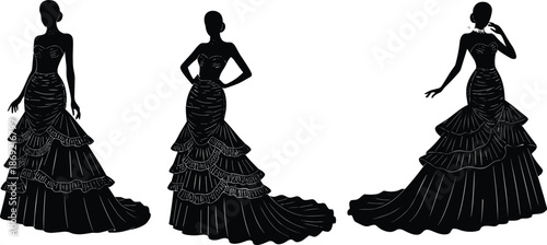 Cad drawing flat vector illustration, elegant gown silhouette collection, layered skirt fashion clipart for formal wear and design