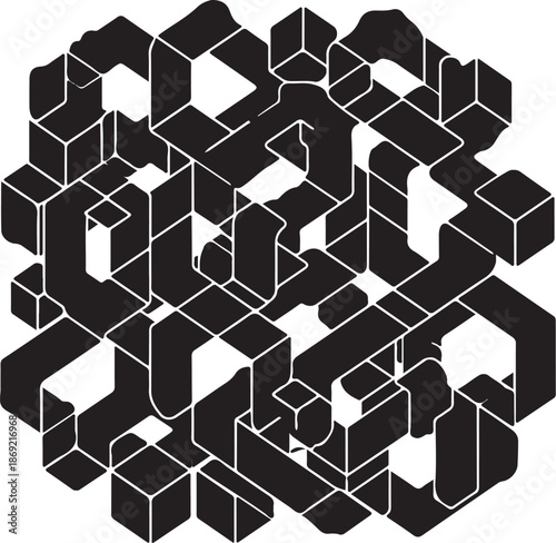Geometric 3D black and white cube maze illustration