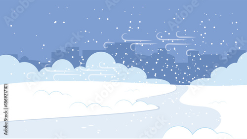 Minimal winter city background with falling snow, soft clouds, wind swirls, and a winding snowy path. Calm blue illustration ideal for winter themes, seasonal banners, holiday designs, and nature back