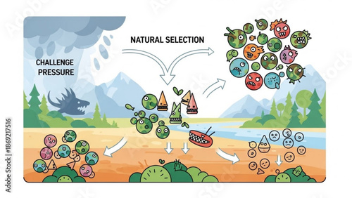 Colorful cartoon illustration demonstrating natural selection process with various creatures evolving in a landscape with challenge pressure and environmental adaptation