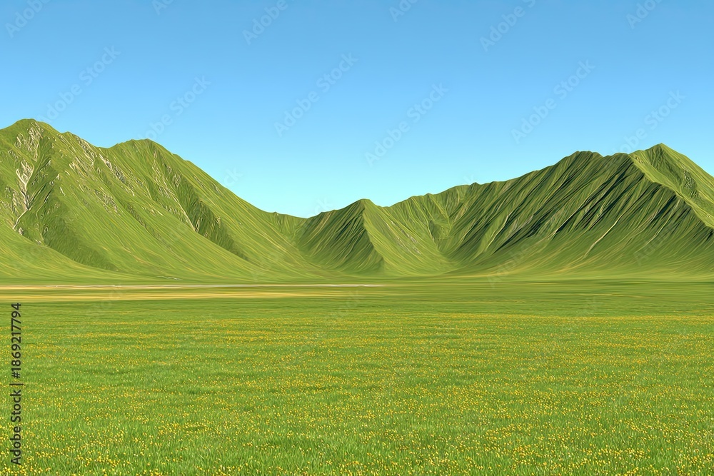 Fototapeta premium Green mountains rise behind a bright, grassy valley