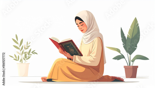 Woman reading holy book on prayer mat surrounded by plants in serene environment