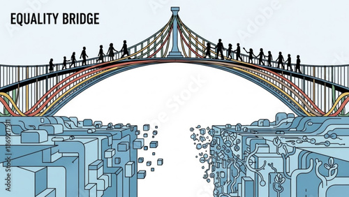 Diverse people walking on a vibrant rainbow bridge over a digital gap representing equality and connection with diversity and inclusion and unity