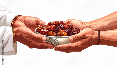 Different hands reaching for a shared plate of dates on a white background