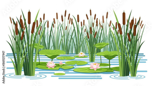 A serene pond scene with lush green cattails and beautiful pink water lilies floating on the surface of the calm water with nature and illustration