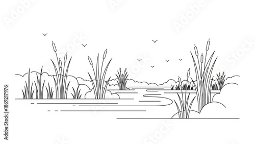 Serene landscape of cattails and birds by a winding stream in a natural setting with lush vegetation and a clear sky with environment and ecosystem