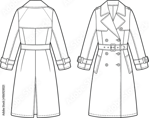 Cad drawing flat vector illustration, fashion trench coat technical sketch, garment