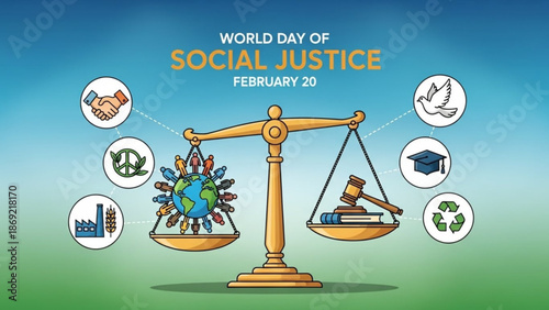 World day of social justice illustration with scale balancing globe with diverse people icons and law gavel with book on green blue background