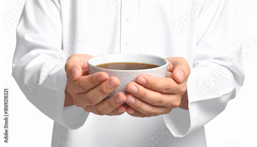 Hands holding a warm bowl during a serene moment, semi-realistic vector art on a white background