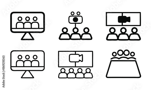 A set of black and white icons depicting people in a virtual meeting or conference