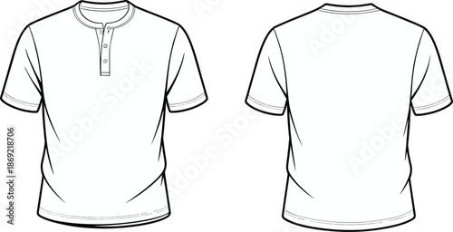 Cad drawing flat vector illustration, Henley shirt design, short sleeve fashion sketch, garment