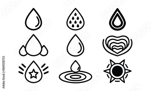 A set of black and white icons depicting various water droplet designs and a sun