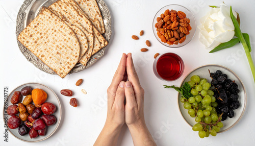 Hands positioned above a table with food and drinks on a clean white surface
