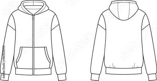 Cad drawing flat vector illustration, hooded sweatshirt front back view, fashion mockup, hoodie design template, garment construction layout