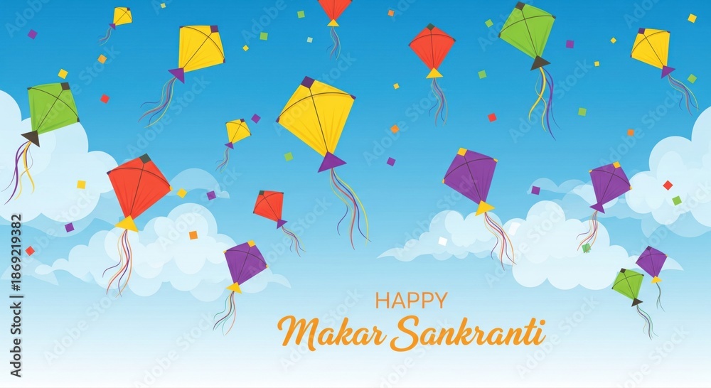 Fototapeta premium Happy Makar Sankranti Festival with Colorful Kites in Blue Sky
