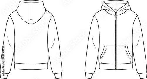 Cad drawing flat vector illustration, hoodie front back view, fashion mockup, sweatshirt design template, kangaroo pocket garment layout