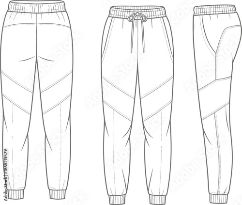 Cad drawing flat vector illustration, jogger pants design, multi-panel athletic trousers sketch,