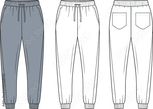 Cad drawing flat vector illustration, jogger pants design, athletic trousers fashion sketch, garment