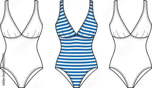 Cad drawing flat vector illustration, one-piece swimsuit front view, fashion mockup, striped pattern design template, high-cut leg layout