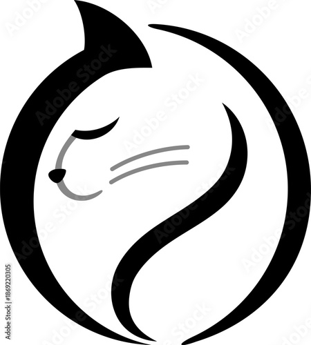 Minimalist Circular Sleeping Cat Logo in Vector Style.