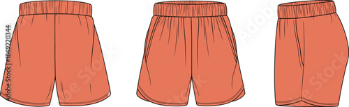 Cad drawing flat vector illustration, orange athletic shorts front side back view, fashion mockup, sportswear design template, garment layout