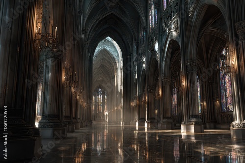 Majestic gothic nave: expansive interior, vaulted ceilings, delicate tracery, and sunbeams dancing on marble floor