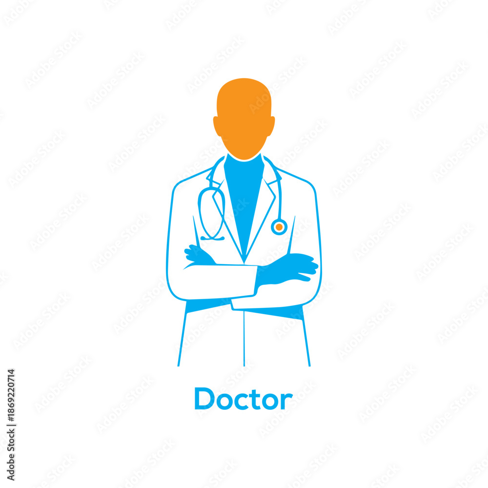 Fototapeta premium Professional male doctor avatar icon with stethoscope for healthcare hospital and medical clinic services in blue and orange colors 