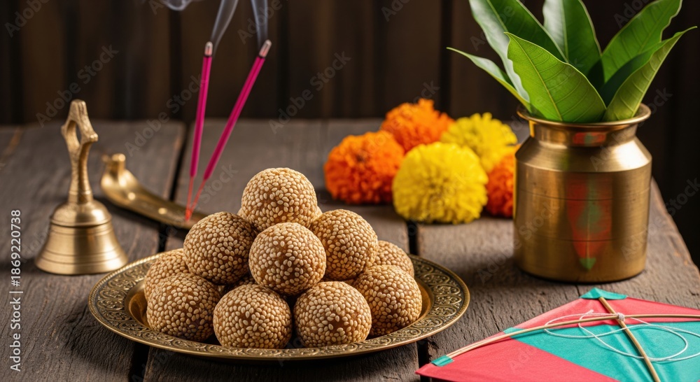 Fototapeta premium Makar Sankranti Delights: Til Gul Ladoo with Traditional Festival Setup