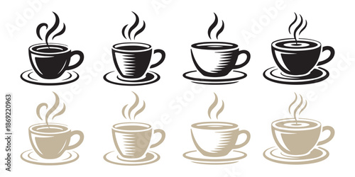 Set of Coffee Cup Icons with Steam, Black, White and Beige Styles.