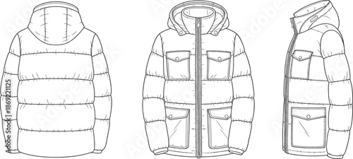 Cad drawing flat vector illustration, puffer jacket front side back view, fashion mockup, quilted design template, hooded garment layout