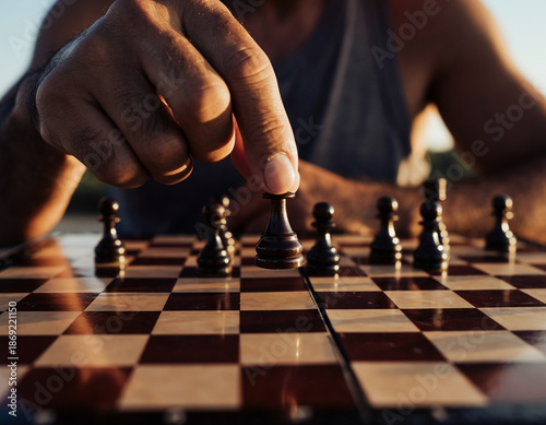 Close-up view of a man’s hand holding a chess piece, symbolizing strategy, leadership, decision making, and critical thinking. Concept of planning, intelligence, and business strategy.