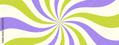 Psychedelic 70s swirl starburst pattern with grunge texture. Spiral rays and twisted sunburst.