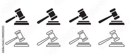 Gavel Icons Set. Solid Black and Outline Styles for Law and Justice.