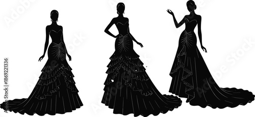 Cad drawing flat vector illustration, ruffled evening gown silhouette set with train, formal fashion clipart for design inspiration