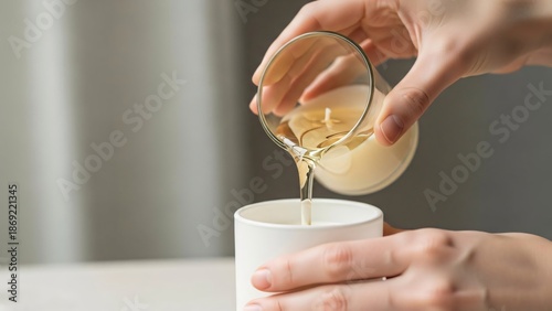 Close up of hands pouring liquid wax from glass beaker into candle container with neutral beige aesthetic.