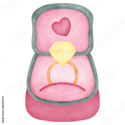 Watercolor Cute hand-drawn wedding ring box with heart symbol in a soft Valentine style, perfect for love timing, romance concepts, and sweet designs.